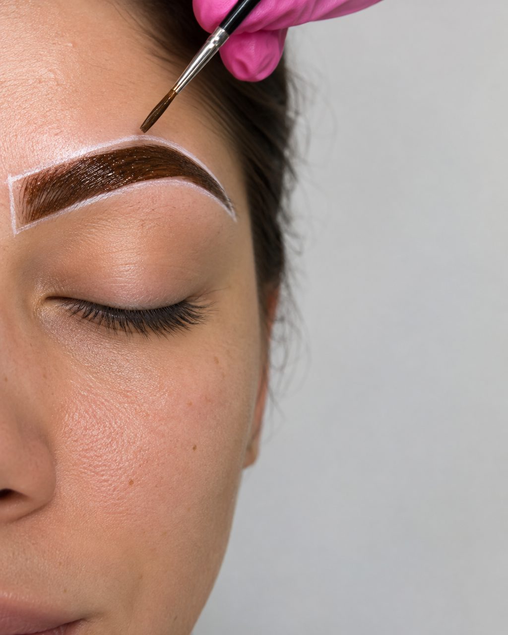 Sobrancelha com henna e linha de mapeamento sendo finalizada com pincel.